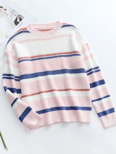 Blue Pink Striped Crew Neck Sweater For Spring, Spring Knit Sweater With Striped Hem, Spring Sweater With Horizontal Stripe Pattern, Blue Crew Neck Sweater With Horizontal Stripes, Hem Top, Knit Sleeve, Selling Clothes, Lightweight Tops, Plus Size Sweaters