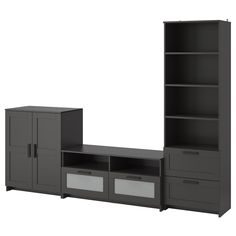 a black entertainment center with drawers and shelves