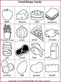 the food bingo cards are filled with pictures to help kids learn how to make their own food