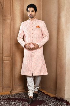 Peach sherwani with all over resham jaal embroidery. Paired with a off white churidar. - Aza Fashions Fitted Peach Traditional Wear With Zari Work, Traditional Banarasi Silk Wear In Peach, Traditional Peach Banarasi Silk Wear, Orange Zari Work Sherwani For Wedding, Orange Sherwani With Zari Work For Wedding, Traditional Wear With Resham Embroidery In Peach, Traditional Pink Sherwani With Resham Embroidery, Traditional Peach Wear With Resham Embroidery, Orange Wedding Sherwani With Zari Work