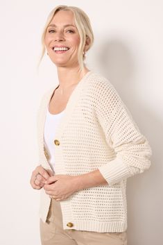 This stylish Sanctuary cardigan was made for transitional layering, featuring a button-front silhouette, open stitching, and ribbed trim. Pair with a tank and cargo pants for the perfect summer-to-fall look. Fall Cardigan, Brand Style Guide, Fashion 101, Fall Shopping, Cardigan Tops, Tee Dress, Fall Looks, Work Fashion, Fashion Flats