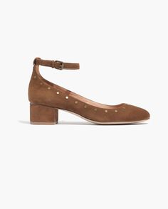 Madewell Inez Stud Anke-strap Shoe in deep chestnut. #wellheeled Ankle Strap Flats, Round Toe Pumps, Ankle Strap Shoes, Block Heel Shoes, Stylish Boots