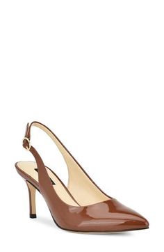 A pointy toe and tapered heel balance a timeless pump secured with an adjustable slingback strap for easy wear. 2 3/4" heel Synthetic upper, lining and sole Imported Easy Wear, Pump Shoes, Women's Pumps, Nine West, Dark Brown, Nordstrom, Pumps, Women Shoes, Heels