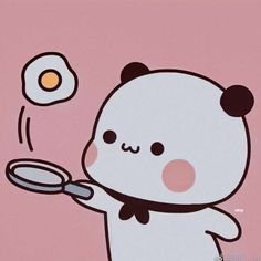 a cartoon bear holding a magnifying glass with an egg in it's hand