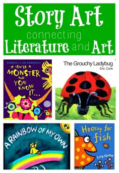 the story art book cover for children's literature and art, featuring four different books