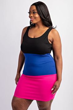 Looking for the perfect summer dress? Look no further! Our Plus Size Color Block Tank Mini Dress is the perfect combination of style and comfort. The color block design adds a trendy touch, while the tank style makes it perfect for any occasion. Available in plus sizes for a flattering fit. Spring Multicolor Color Block Tank Top, Black Color Block Tank Top For Summer, Spring Fitted Color Block Tank Top, Fitted Color Block Tank Top For Spring, Black Sleeveless Color Block Tank Top, Color Block Summer Dress With Stretch, Spring Beach Color Block Tank Top, Black Summer Dress With Contrast Color, Black Dress With Contrast Color For Summer