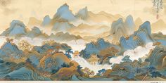 Chinese landscape painting, in the style of Chinese embroidery. In the distance, there are blue mountains shaded by green trees and golden palaces, with white clouds floating on the peaks. Soft colors, Chinese ink painting, light golden tones, delicate brushstrokes, and high-definition details --v 6  --stylize 50 Chinese Paintings Landscape, Chinese Art Painting Landscape, Chinese Cloud Painting, Traditional Chinese Painting Landscapes, Sangjit Backdrop, Chinese Mountain Painting, Clouds Chinese, Chinese Clouds, Chinese Painting Traditional