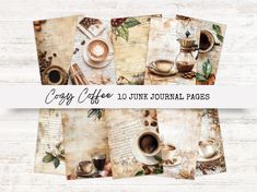 coffee themed journal pages are displayed on a wooden table with the text copy coffee junk journal pages