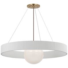 a light fixture hanging from the ceiling, with a circular shade on it's side