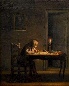 an old man sitting at a table with a candle in his hand and writing on a piece of paper