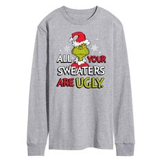 Ugly sweaters may not be for you. So choose this Dr. Seuss Grinch All Your Sweaters Are Ugly long sleeve tee instead. Ugly sweaters may not be for you. So choose this Dr. Seuss Grinch All Your Sweaters Are Ugly long sleeve tee instead. Crewneck Long sleevesFABRIC & CARE Cotton, polyester Machine wash Imported Color: Med Grey. Gender: male. Age Group: adult. Pattern: Graphic. Grinch Stuff, Dr Seuss Grinch, Matching Family Pajamas, Men's Long Sleeve T-shirt, Spongebob Squarepants, Dr Seuss, Crafty Stuff, Pattern Graphic, Ugly Sweater