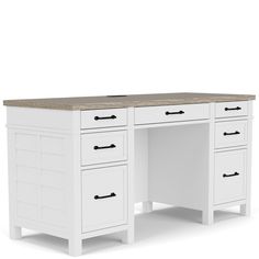 a white desk with two drawers and a wooden top