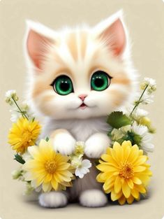 a white kitten with green eyes sitting next to yellow flowers