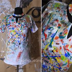 two pictures of the same t - shirt with paint splatters all over it