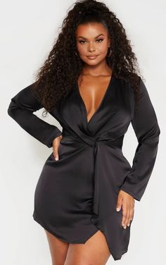 Long Black Satin Dress, Satin Dress Plus Size, Wrap Dress Plus Size, Plus Zise, Look Plus Size, Black Dress Formal, Satin Long Sleeve, Bodycon Dress With Sleeves