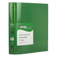 a green binder with three rings on the front and one ring on the back