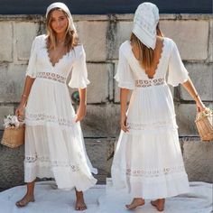 Description：BerriesJam - Patchwork Lace V-Neck Ruffle Sleeve Long Dress Brand: Berries Jam Update: 2023 Age: 18-45 Season: Summer Category: Dress Style: Elegant Occasion: Work & Vocation Fabric: Synthetics Ruffle Long Dress, Beach Shopping, Spring Maxi Dress, Boho Midi Dress, Spring Summer Dress, Boho Casual, Boho Maxi Dress, Neck Ruffle, White Midi Dress