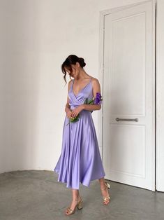 Lavender Silk Midi Dress Without Sleeves Silk Open Back Midi - Etsy Chic Midi-length Bridesmaid Dress, Chic Midi Bridesmaid Dress, Silk V-neck Summer Cocktail Dress, V-neck Backless Dress With Tie Back For Wedding, Spring V-neck Bridesmaid Dress, V-neck Slip Dress With Tie Back For Spring, Satin Knee-length Dress For Brunch, Satin V-neck Maxi Dress For Brunch, Summer Party Satin V-neck Dress