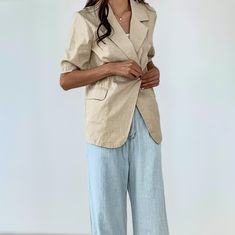 Eloquii Tailored Fit Fully Lined 100% Cotton Notch Lapel Double Breasted Snap Closure Shoulder Pad Hits Below The Hip 32" Body Length On Size 20 Functional Welt Pockets With Flaps Waist Open No Snap Or Button Detail Vertical Front Darts Princess Seams Lining + Shell: Non-Stretch Woven Fabric Linen Blend Casual Half Sleeve Fall Outerwear, Casual Half-sleeve Spring Outerwear, Casual Half Sleeve Spring Outerwear, Casual Half Sleeve Outerwear For Spring, Casual Spring Outerwear With Half Sleeves, Trendy Short Sleeve Spring Outerwear, Trendy Short Sleeve Outerwear For Spring, Summer Workwear Outerwear With Pockets, Trendy Spring Outerwear With Short Sleeves