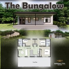 the bungalow floor plan is shown in two different views