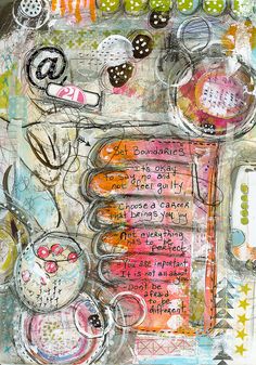 mixed media artwork with words and images on it, including an image of coffee mugs