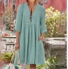 Olivia Mark - Cotton and Linen Solid Color Midi Dress with Seven-Quarter Sleeves Sukienki Plus Size, Cotton Linen Dresses, Cotton Blends Dress, Long Sleeve Casual Dress, V Neck Midi Dress, Linnet, Straight Dress, Medium Dress, Green Midi Dress