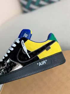 Embrace the ultimate fusion of streetwear and luxury with these sneakers inspired by the Louis Vuitton x Nike Air Force 1 Low. This unique multicolor design, featuring a metallic silver toe box, takes cues from Virgil Abloh's iconic collaboration, blending vibrant hues with the signature Louis Vuitton monogram and Off-White™️-inspired details like the quoted "AIR" branding. Crafted with premium materials, these sneakers offer a statement look that seamlessly merges high-fashion and sneaker cultu Luxury Streetwear Sneakers With Abzorb Midsole, Luxury High-top Sneakers For Sports, Luxury Logo Print Sneakers For Streetwear, Luxury Lace-up Custom Sneakers For Streetwear, Luxury Multicolor Sneakers For Streetwear, Luxury Low-top Custom Sneakers For Streetwear, Designer Custom High-top Sneakers For Sports, Luxury Sports Sneakers With Round Toe, Luxury Custom Sneakers For Sports With Round Toe