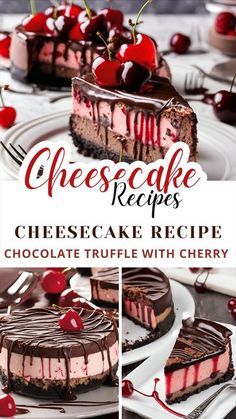 cheesecake recipe with cherries on top and chocolate cake in the middle, topped with cherries