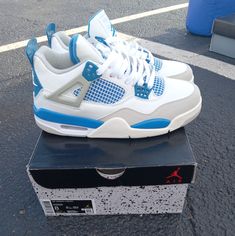 Air Jordan 4 Retro, Military Blue Off-White/Military Blue/Neutral Grey Size - 8m/9.5w (308497 - 105) New In Box Jordans 4 Blue, Military Blue 4s Outfit, Blue Jordan 4’s, Jordan Retro 4 Blue, Jordan 4s Blue, Blue Nike Jordans, Jordan 4 Outfit Women Baddie, Light Blue Jordans, Swag Shoes Sneakers