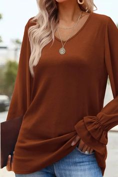 Brown V-Neck Casual Regular Fit Long Sleeves T-Shirt Casual Long Sleeve V-neck Top In Solid Color, Fall V-neck T-shirt, Trendy V-neck T-shirt For Fall, Casual Solid Color T-shirt For Fall, Brown Solid Color V-neck Top, Brown V-neck Solid Color Top, Casual Brown V-neck Top, Stretch Solid Color T-shirt For Fall, Casual Long Sleeve Solid Color V-neck Top