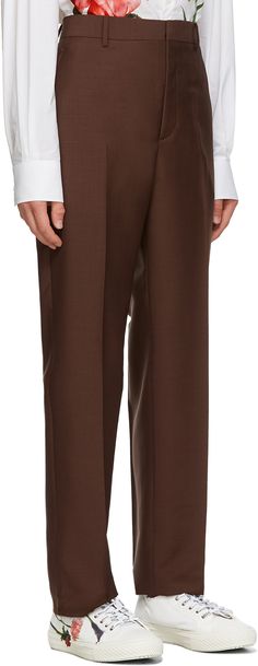 Straight-leg mohair and wool-blend trousers in brown. Mid-rise. Four-pocket styling. Belt loops and pleats at waistband. Central crease at legs. Zip-fly.Supplier color: Deep brown Valentino Clothing, Deep Brown, Brown Canvas, Luxury Streetwear, Wool Blend, Mid Rise, Straight Leg, Women Wear, Trousers