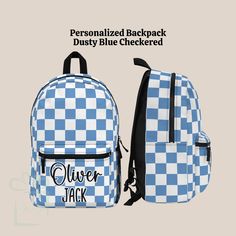 Our Personalized dusty blue and white checkered print Backpack Set is the perfect back to school accessory.  Don't forget to get your matching lunch bag, & water bottle tumbler to complete your set Discover your perfect companion for every adventure with our customizable backpack. Crafted from durable, eco-friendly materials, it offers ample space and practical compartments for all your essentials. Ideal for back to school, traveling, or as a thoughtful gift, each backpack is personalized and un Gingham Bags For Travel And Back To School, Back To School Travel Bags In Gingham, Gingham Backpack For Everyday Use And Back To School, Back To School Gingham Backpack For Everyday Use, Blue Backpack For College, Back To School Gingham Travel Bags, Blue Standard Backpack For College, Back To School Gingham Bags, Blue College Backpack