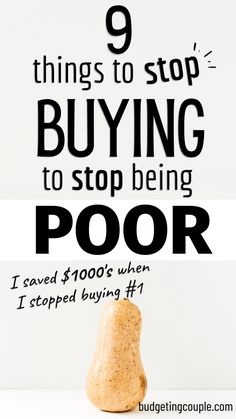 a pear with the words 9 things to stop buying to stop being poor