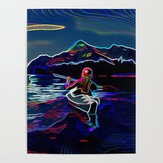 a woman sitting on top of a surfboard in the ocean under a night sky