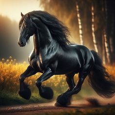 a black horse is galloping on the dirt road in front of some yellow flowers