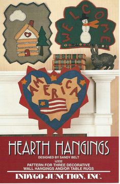 an advertisement for hearth hangings featuring three heart shaped patches and two snowmen on top of bookshelves