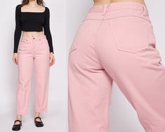 "Vintage 80s/90s blush pink high waisted tapered leg mom jeans by Newport News.  Measurements and Condition: Fits like: Petite medium Fabric: Feels like cotton denim Brand: Newport News Jeanology Collection Condition: Very good, with a tiny light brown spot on the front of the left thigh, a ¾\" speckled yellow spot on the lower front of the left leg, and a ½\" frayed section at the edge of the fabric on the lower back rise seam (doesn't affect wearability). Waist: 28.5\" Hips: 38\" - taken at th 90s Style Pink Wide Leg Pants, 90s Pink Straight Leg Bottoms, 90s Style Pink Cotton Jeans, Vintage Pink Jeans For Spring, Pink High Waist Relaxed Fit Jeans, High Waist Pink Relaxed Fit Jeans, Vintage Pink Cotton Jeans, Pink High-waisted Relaxed Fit Jeans, Vintage Pink Straight Leg Jeans