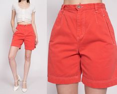 "Vintage 90s high waisted shorts by Liz Claiborne in a salmon soft cotton twill, with contrast stitching. Measurements and Condition:  Fits like: Labeled size 6. Fits slightly petite in the rise, see measurements to ensure fit. Fabric: Cotton Brand: Lizwear by Liz Claiborne Condition: Very good, with a couple tiny faint dark spots on the upper front left, two on the front of the right leg, and one on the back of the right leg. Waist: 26\" Hips: 38\" - taken at the bottom of the zipper opening Ri Vintage Liz Claiborne, Mom Shorts, Skorts, Contrast Stitch, Label Sizes, Liz Claiborne, Dark Spots, High Waisted Shorts, Fabric Cotton