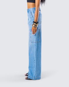 Baggy pants for the win 🙌 Made from denim fabric and featuring trouser pant detailing, a high rise fit, and wide legs - these cargos will add a touch of street chic to any look 💙 Denim Blue Wide-leg Jeans With Pockets, Trendy Baggy Cargo Jeans In Rigid Denim, Summer Full Length Denim Cargo Jeans, Summer Full-length Denim Cargo Jeans, Summer Denim Blue Full-length Cargo Jeans, Denim Blue Full Length Cargo Jeans For Summer, Baggy Wide-leg Jeans With Pockets, Trendy Full-length Cargo Jeans For Summer, Dark Wash Full Length Cargo Jeans For Summer