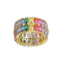 This rainbow cubic zirconia & diamond accent cluster ring beautifully enhances your style. Click on this JEWELRY & WATCHES GUIDE to learn about fit, styles, materials and more! This rainbow cubic zirconia & diamond accent cluster ring beautifully enhances your style. Click on this JEWELRY & WATCHES GUIDE to learn about fit, styles, materials and more! FEATURES Width: 11 mm Shank style: stackable Band fit: comfort fit Metal: sterling silver Plating: 14k gold Finish: polished Packaging: velvety po Elegant Multicolor Cubic Zirconia Rings, Multicolor Diamond Rings With Prong Setting, Elegant Rainbow Cubic Zirconia Jewelry, Party Rings With Multi-stone Cubic Zirconia, Multi-stone Cubic Zirconia Party Rings, Rainbow Cubic Zirconia Jewelry For Wedding, Rainbow Cubic Zirconia Jewelry With Sparkling Stones, Multicolor Diamond Accented Rings Fine Jewelry, Cubic Zirconia Multi-stone Diamond Promise Ring