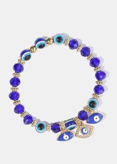 Blue Evil Eye Bracelet Gold JEWELRY - Shop Miss A Blue Evil Eye, Dangle Charms, Evil Eye Bracelet, Evil Eye, Silver Gold, Gold Bracelet, Band, Blue, Silver