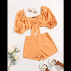 Coords Set Orange. Nwot Yellow Halter Top, Crop Top Shorts, Orange Crop Top, Top Shorts Set, Satin Crop Top, Orange Outfit, Fashion Top Outfits, Crop Top Set, Front Crop Top