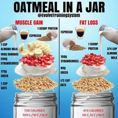 two jars filled with different types of food and the words oatmeal in a jar