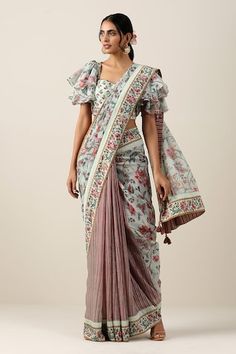 Mint, maroon, pink half and half saree with stripe, floral print and bead work on border. Paired with flared sleeve blouse. - Aza Fashions Fitted Pre-draped Saree With Printed Motifs For Reception, Fitted Pre-draped Saree With Printed Motifs For Diwali, Bohemian Pre-draped Fitted Saree With Printed Motifs, Fitted Pre-draped Saree With Printed Motifs For Navratri, Transitional Fitted Saree With Printed Motifs, Fitted Reception Blouse With Printed Motifs, Fitted Blouse With Printed Motifs For Reception, Chanderi Pre-draped Saree With Printed Motifs For Wedding, Traditional Pre-draped Saree With Printed Motifs For Wedding