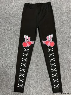 Katykey - Womens Cherry & Skull Print Stretchy Skinny Leggings - Perfect for Spring and Fall Casual Wear Trendy Black Bottoms With Skull Print, Casual Skull Print Stretch Leggings, Casual Stretch Leggings With Skull Print, Fall Care, Dark Gothic, Cherry Print, Print Leggings, Gothic Style, Skull Print