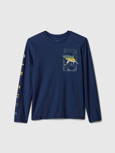 a blue long - sleeved shirt with an image of a fish on it