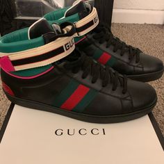 Gucci Ace Sneakers Brand New 9/10 Only Worn Twice Retail $730 Before Tax Luxury Black Gucci High-top Sneakers, Gucci Black Lace-up High-top Sneakers, Designer Black Gucci High-top Sneakers, Gucci Black Sneakers With Contrast Sole, Gucci High-top Leather Sole Sneakers, Designer Sneakers With Contrast Sole, Gucci High-top Sneakers With Leather Sole, Gucci Leather Sneakers With Abzorb Midsole, Gucci High-top Custom Sneakers With Contrast Sole