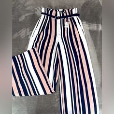 Express Navy Blue, White, And Pink Stripe Belted Waist High Rise Size S/M Multicolor Fitted Bottoms For Brunch, Chic Pink Bottoms For Brunch, Black Dress Work, Belted Trousers, Navy Blue Dress Pants, White Dress Pants, Work Pants Women, Pink Trousers, Ankle Dress Pants