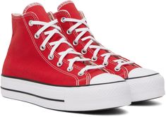 High-top canvas sneakers in red. · Rubber cap toe · Lace-up closure · Logo bonded at inner side · Eyelets vents at inner side · Rubberized logo patch at heel counter · Padded insole · Padded mesh lining · Textured platform midsole · Treaded rubber sole · Contrast stitching in white · Platform: H1.5 Supplier color: Red/White/Black Red Textile Round Toe Canvas Shoes, Red Textile Canvas Shoes With Round Toe, Red Textile Sneakers With Round Toe, Casual Red Canvas Shoes With Vulcanized Sole, Red Canvas Sneakers With Round Toe, Casual Red Textile Sneakers, Casual Red Canvas Shoes, Red High-top Sneakers With Rubber Toe Cap, Casual Red Mid-top Canvas Shoes