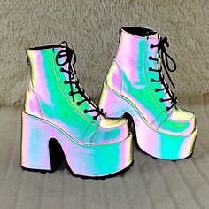 Demonia In House Stock | Totally Wicked Footwear Boots Costume, Costume Rainbow, Rave Boots, Rave Shoes, Reflective Shoes, Cute Shoes Heels, Rainbow Outfit, Girly Shoes, Swag Shoes